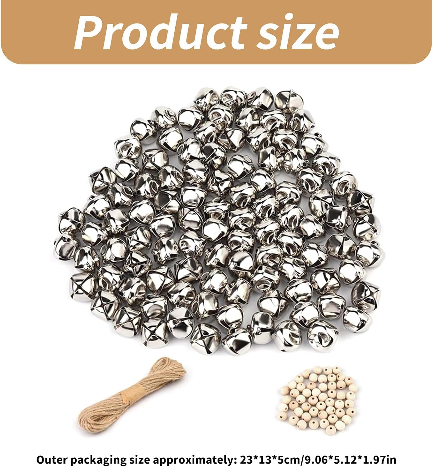 150Pcs Silver Craft Bells and Wood Beads Set with 32.8ft Rope, 1Inch Bells for Christmas Holiday Party Decorations Supplies