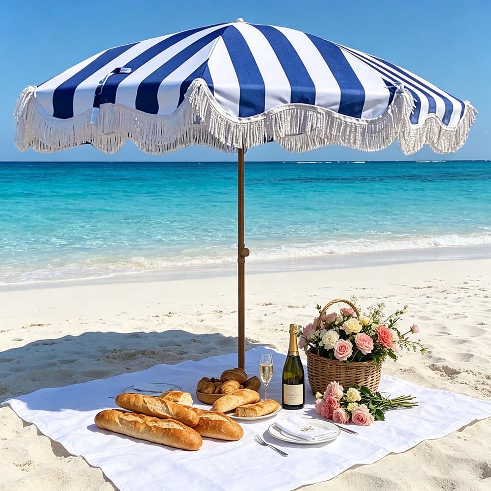 Sombrilla de playa de 200 cm con flecos, sombrilla de patio exterior inclinable, rayas azules, protección UV e impermeable, para piscina, mesa, jardín