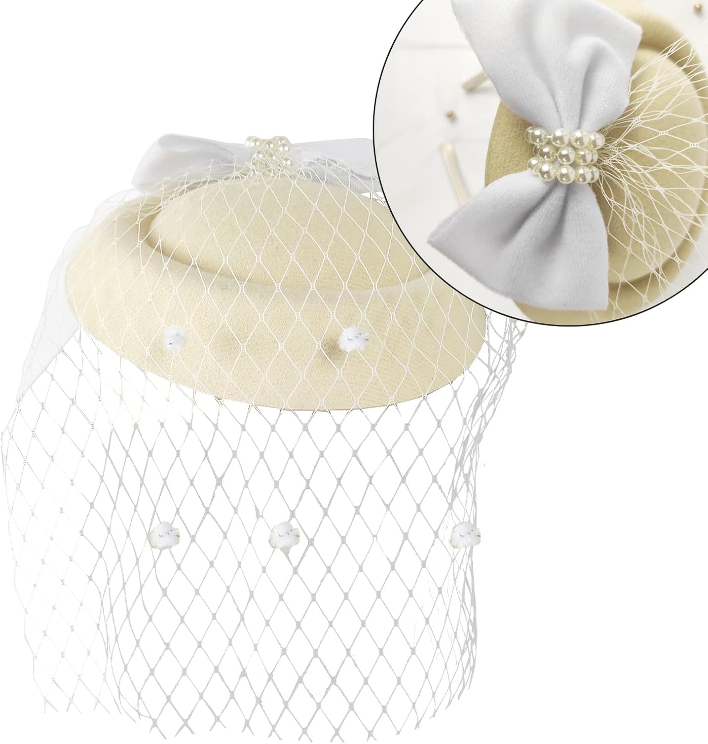 Women's Fascinators Veil and Retro Charming Mesh Hat with Lace Gloves Imitation Pearl Necklace,Suitable for 1920s or 1950s Vintage Tea Party Cocktail Hall Wedding Church Derby Hat Set. Beige - Image 2