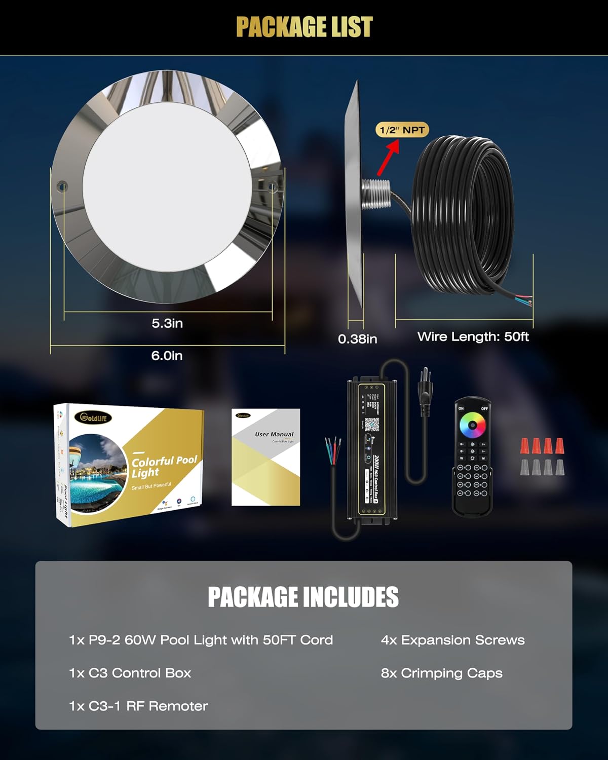 Goldlife P9 6" Pool Lights for Inground Pool with RGB Controllers Kit 120V | 60 W 6000 LM LED Underwater Pool Lights for Inground Pools w/ 50ft Cord, PC Corrosion-Resistant Swimming Pool Light Fixture