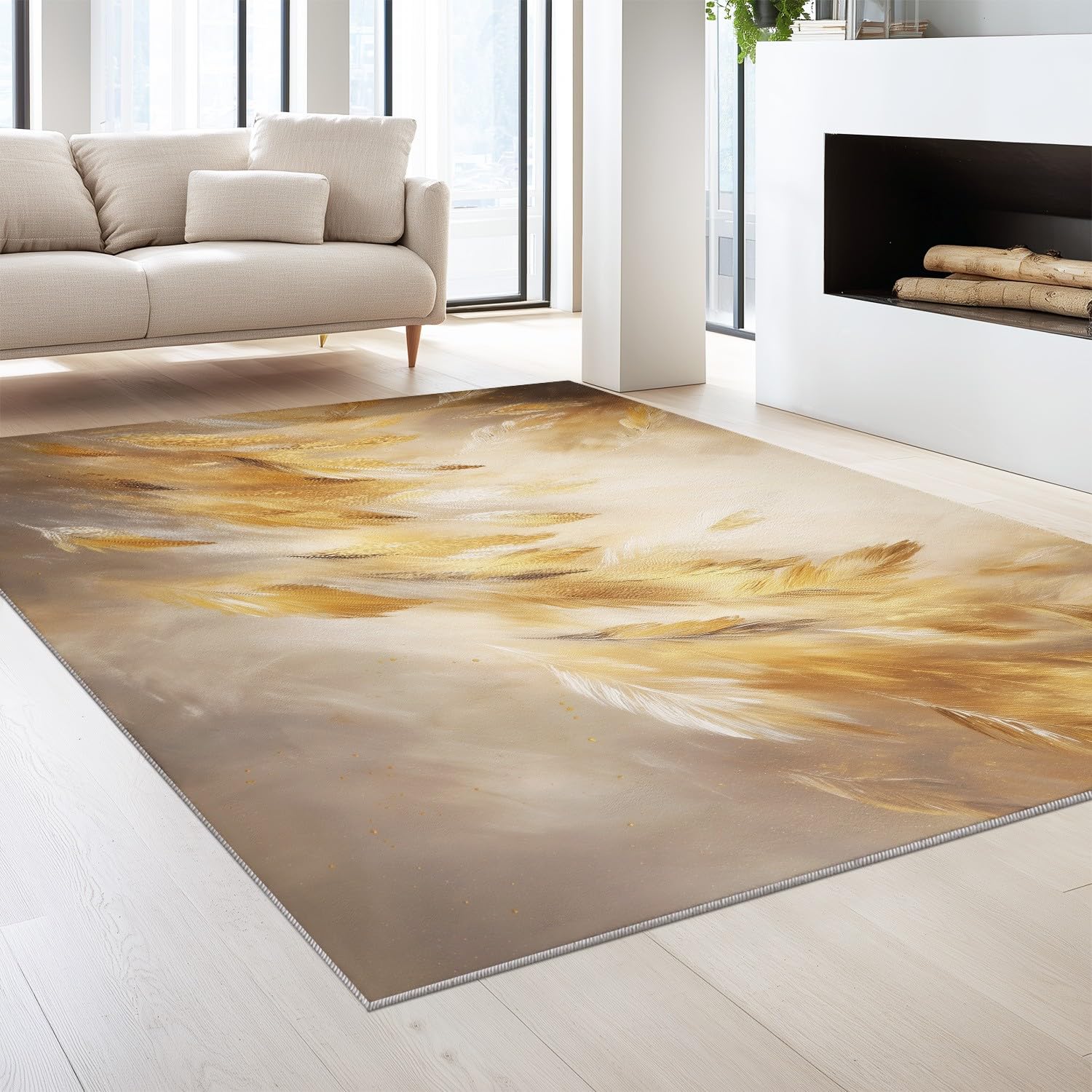 Generico Abstrakcyjny etherowy onrycki artystyczny nadruk estetyczny miękki pióra można prać w pralce miękki w dotyku 140 x 200 cm trwały złoty dywan do sypialni antypoślizgowa mata