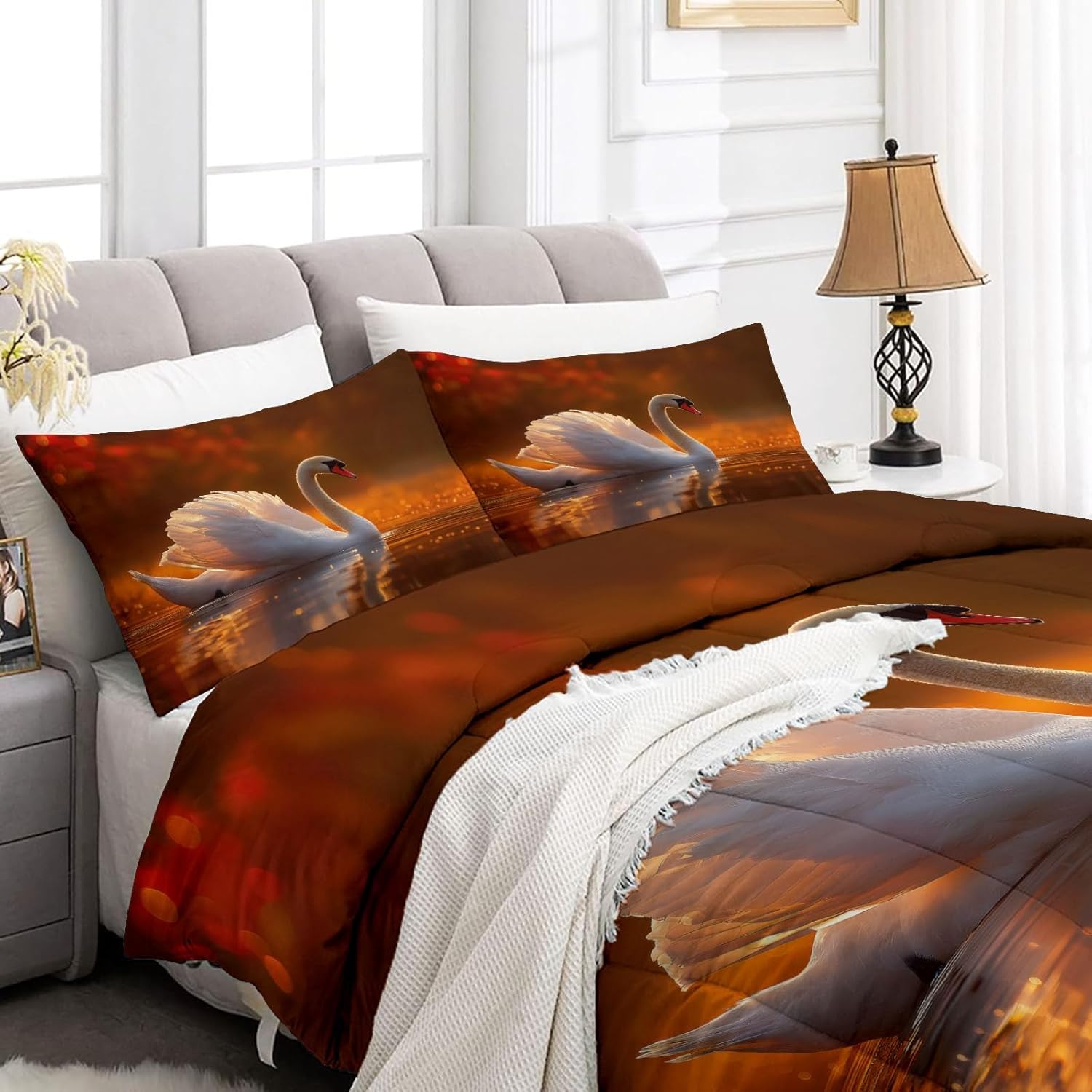 3 Pieces Animals Geese Autumn Lake Bedding Set, Landscape Twin Comforter Set for Kids Girls Room Decor, Aesthetic Soft Microfiber Quilt for All Season (68" x 90")