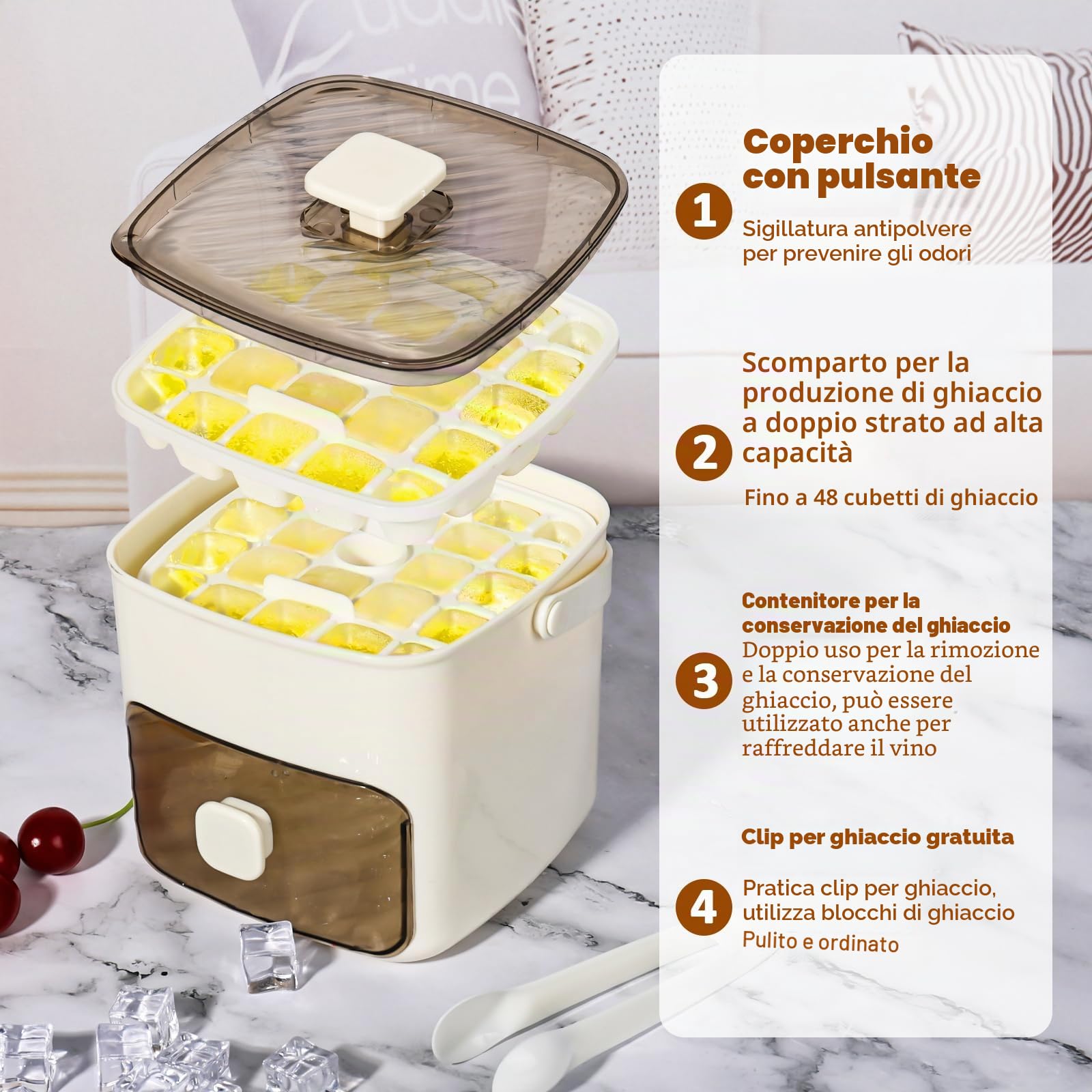Macchina per il ghiaccio da banco, rilascia tutti i cubetti di ghiaccio in un secondo, vassoi per 48 cubetti di ghiaccio con manico, pinze e cestino, portatile. per casa/ufficio/bar