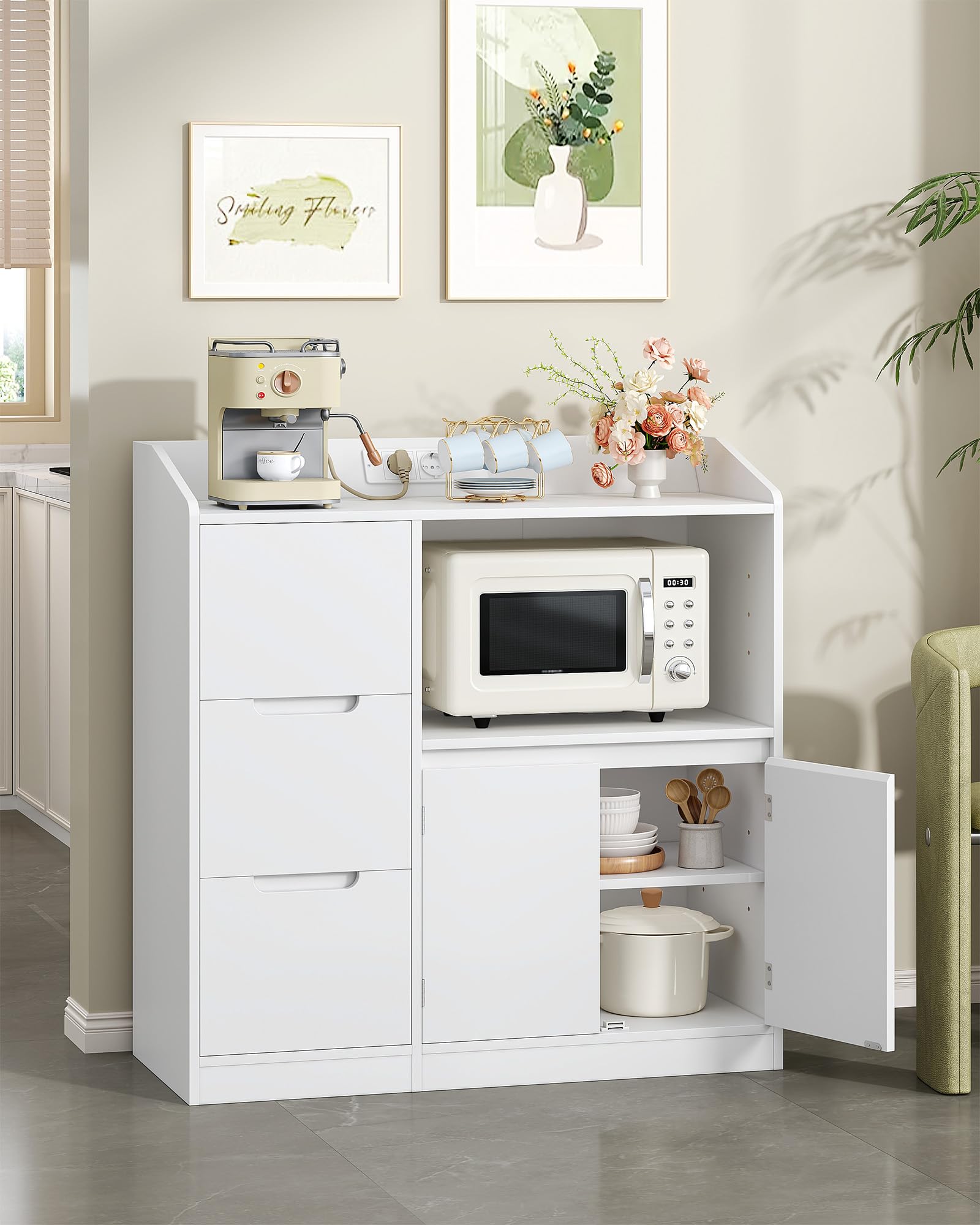 Hzuaneri Meuble Cuisine, Buffet avec Plan, Travail Étagère pour Micro-Ondes, Prise, 3 Tiroirs et 2 Portes, Étagère Réglable, Moderne, Cuisine, Blanc, 38 X 90 X 95 cm, SC31003XEU