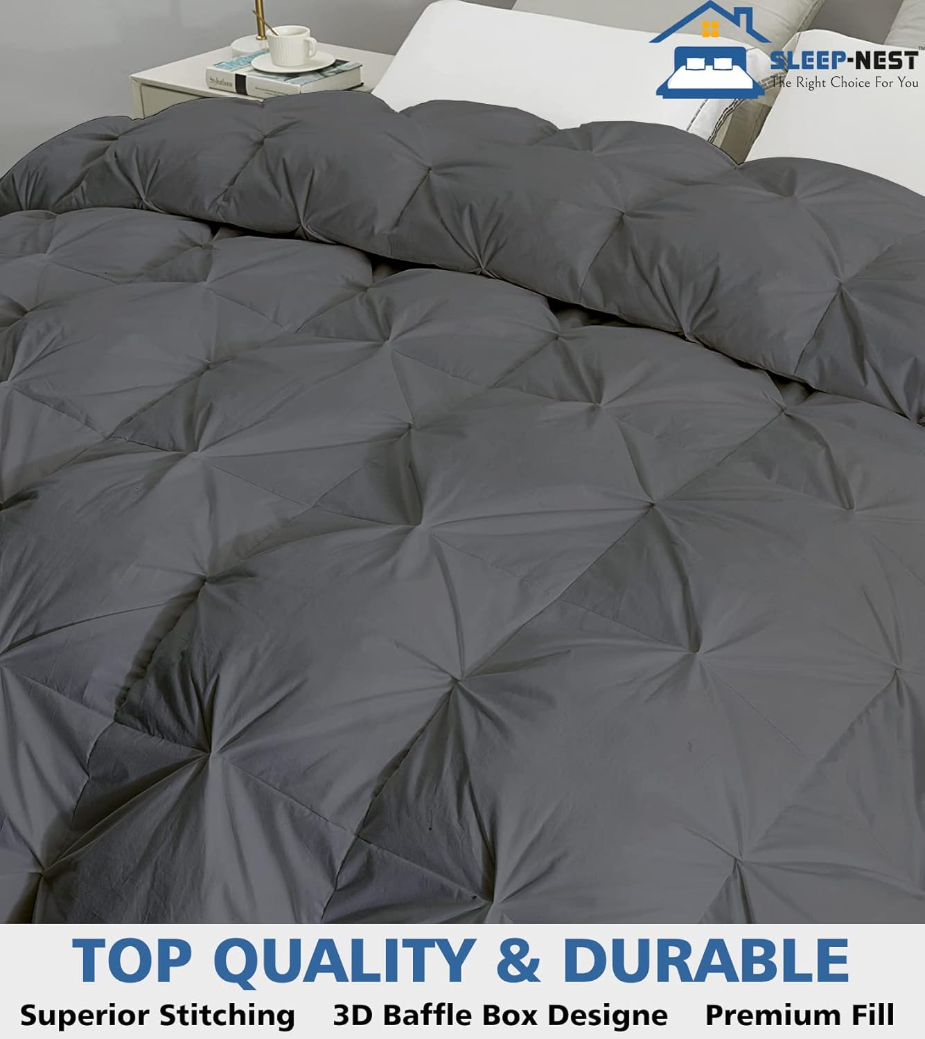 SLEEP-NEST Oversized King Comforter 136 x 120 Hotel Luxury Weighted Down Alternative Pinch Pleat 1 Piece Comforter with 8 Tabs/Loops 400 GSM-Box Stitched Extra Large Winter Soft - Dark Grey Alaskan King (136" x 120") Dark Grey Solid