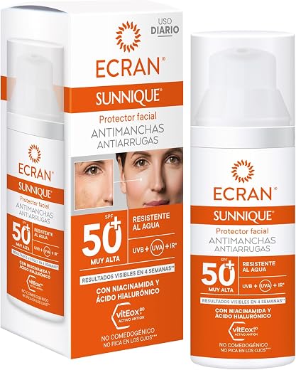 🚫 [CADUCADO] 🔥 ECRAN Sunnique Anti-Wrinkle Anti-Stain Face Shield SPF 50+ with Niacinamide and Hyaluronic Acid, De-Pigment and Evens Tone, Formula with VitEox80 – 50 ml