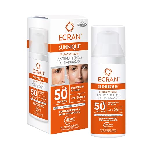 ECRAN Sunnique Anti-Wrinkle Anti-Stain Face Shield SPF 50+ with Niacinamide and Hyaluronic Acid, De-Pigment and Evens Tone, Formula with VitEox80 – 50 ml