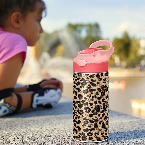Miniatura 6 de MCHIVER Botella de agua para niños con popote con estampado de leopardo, botella de agua para niños con aislamiento térmico, para escuela, niñas y