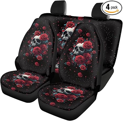 Skull Rose Print 4pcs Seat Cover for Cars Washable Car Seat Protectors Replacement Low Back Front Seat Covers Universal Fit Vehicle Sedan Truck SUV