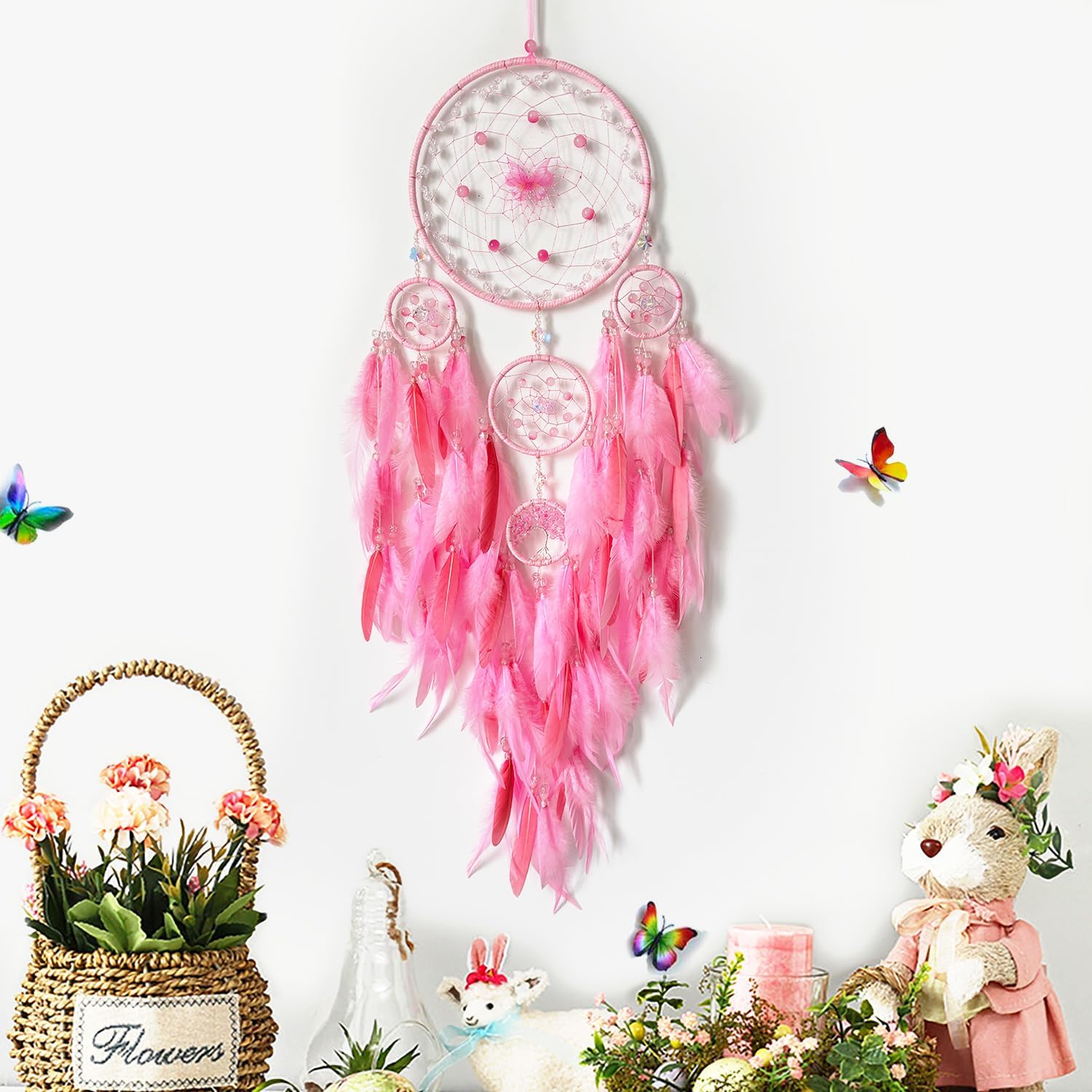 Dreamcatcher, Large Pink Dreamcatcher, Butterflies, Girl's Bedroom Decor | Adult Dreamcatcher, Bohemian Style, Decorative Hanging for Women's Rooms, Living Rooms, and Windows, Party Gift