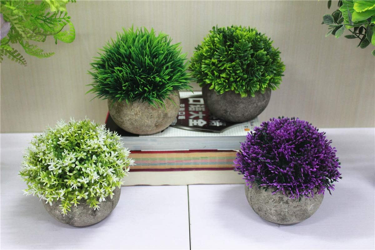2 Packs Small Fake Plants Artificial Mini Potted Plants Artificial Plants for Home Decor Indoor Faux Plants in Pots Centerpiece Topiary Shrubs for Bathroom Decoration, Purple and White