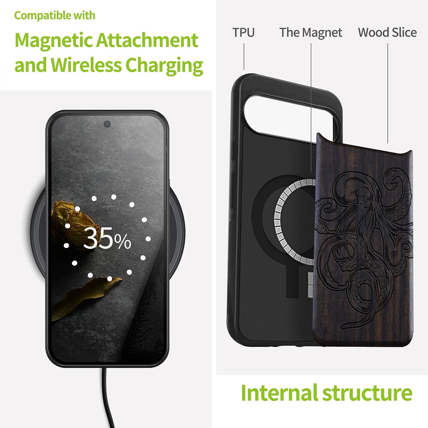 Carveit Magnetic Wooden Case for Pixel 9 Pro Google 9 Pro Case, Wood Artisan Engraved & Soft TPU Shockproof Cover, Compatible with MagSafe Wireless Chargers (Octopus Drawing) Blackwood