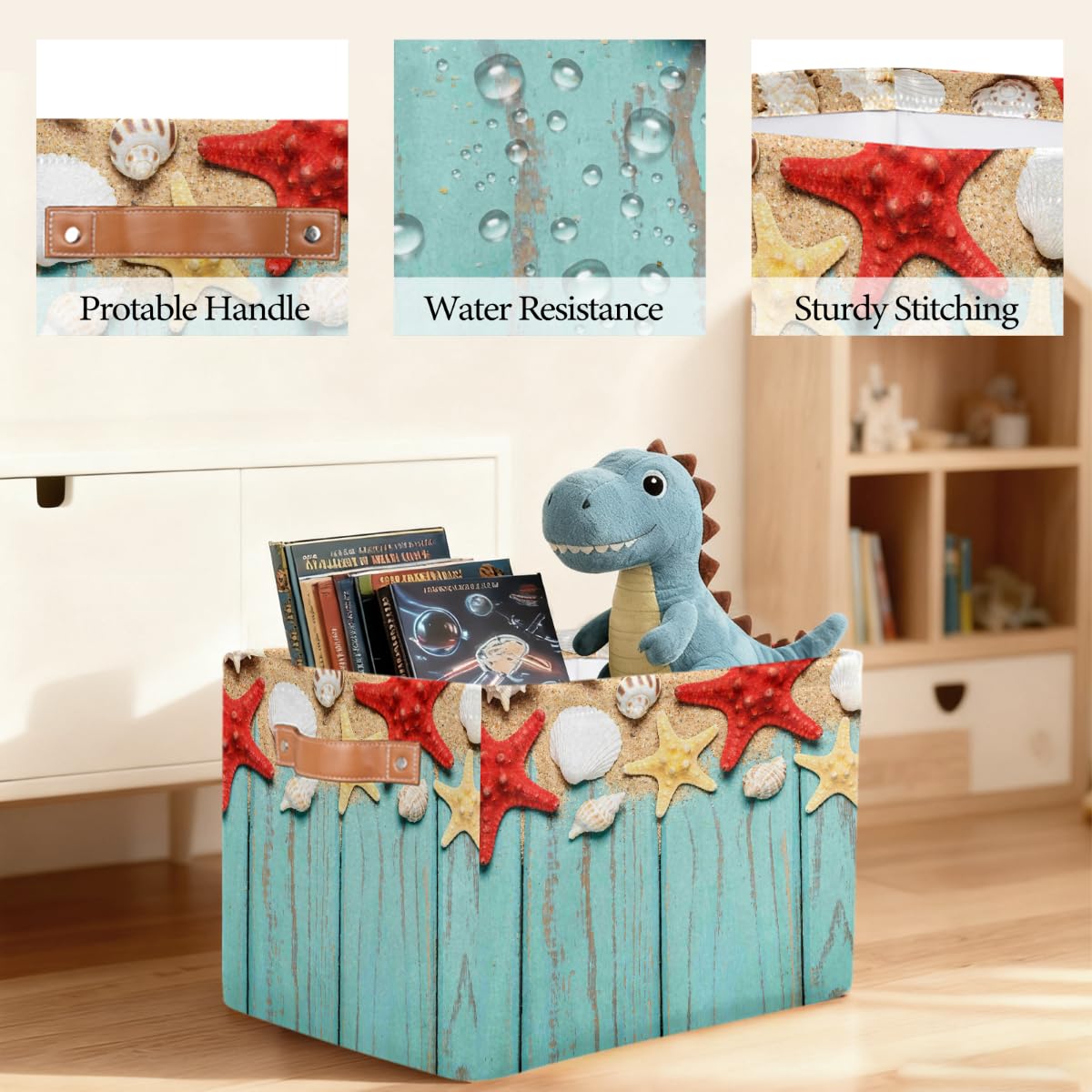 Rechteckiger Aufbewahrungskorb aus Holz mit Seestern und Muscheln im Sommer, mit Ledergriffen, faltbarer Stoff-Aufbewahrungskorb für Schrank, Badezimmer, Wohnzimmer, Büro, Spielzeug, Organizer