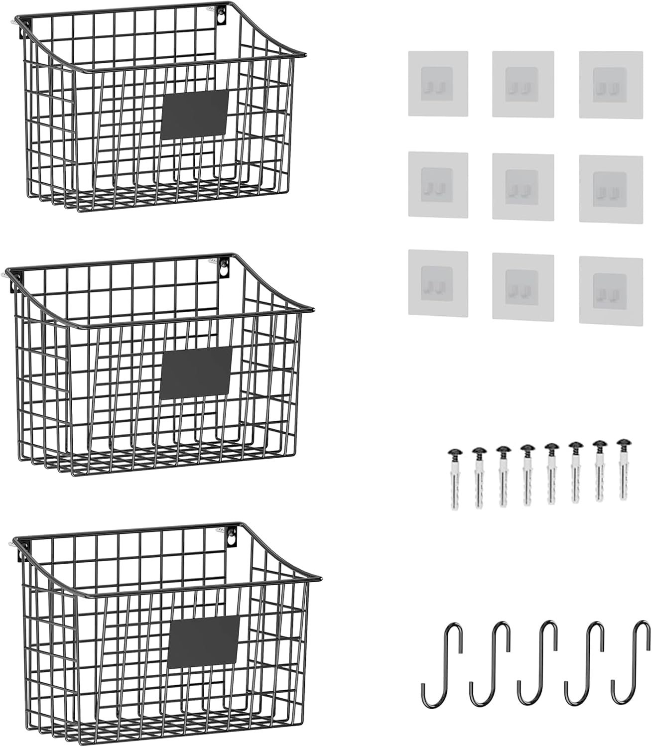 Wall Mounted Bin Basket with 5 Hooks 3 Label Plate Adhesive-3 Pack, Cabinet Hanging Metal Wire Basket,Rustic Farmhouse Decor, Storage Organization Shelf for Pantry Kitchen Bathroom 10.6*7.5*5.1inch