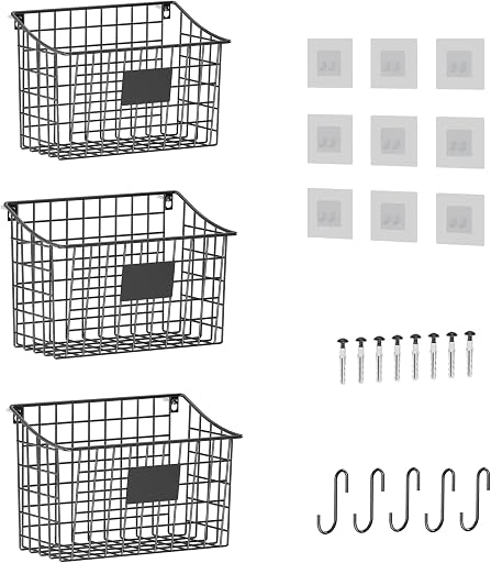 Wall Mounted Bin Basket with 5 Hooks 3 Label Plate Adhesive-3 Pack, Cabinet Hanging Metal Wire Basket,Rustic Farmhouse Decor, Storage Organization Shelf for Pantry Kitchen Bathroom 10.6*7.5*5.1inch