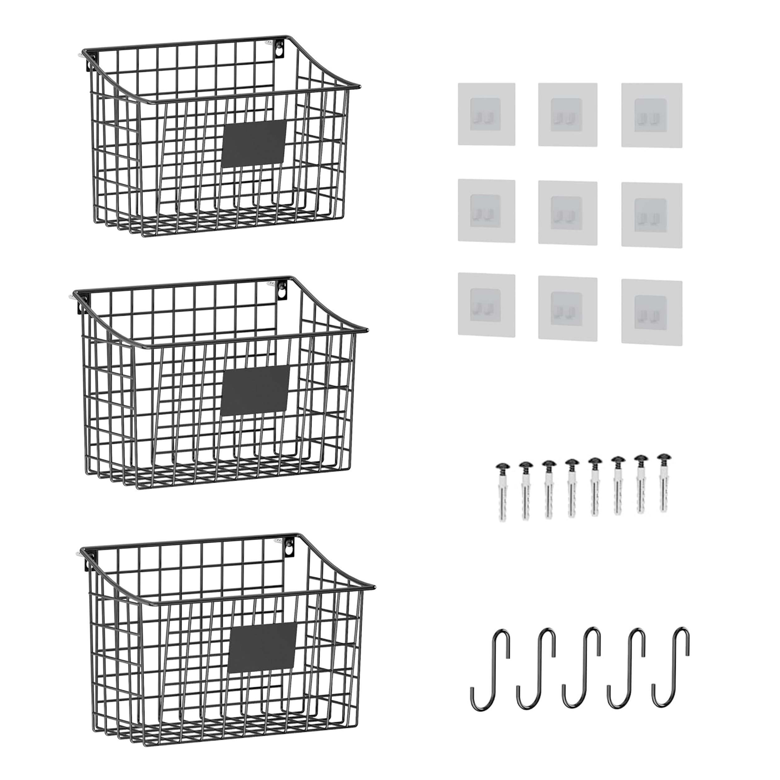 Wall Mounted Bin Basket with 5 Hooks 3 Label Plate Adhesive-3 Pack, Cabinet Hanging Metal Wire Basket,Rustic Farmhouse Decor, Storage Organization Shelf for Pantry Kitchen Bathroom 10.6*7.5*5.1inch