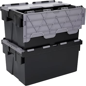 Plastor Pack of 2 - Plastic 55 Litre Heavy Duty Storage Box Tote Crates 60 x 40 x 30.6cm Eco Black with Grey Attached Hinged Lids