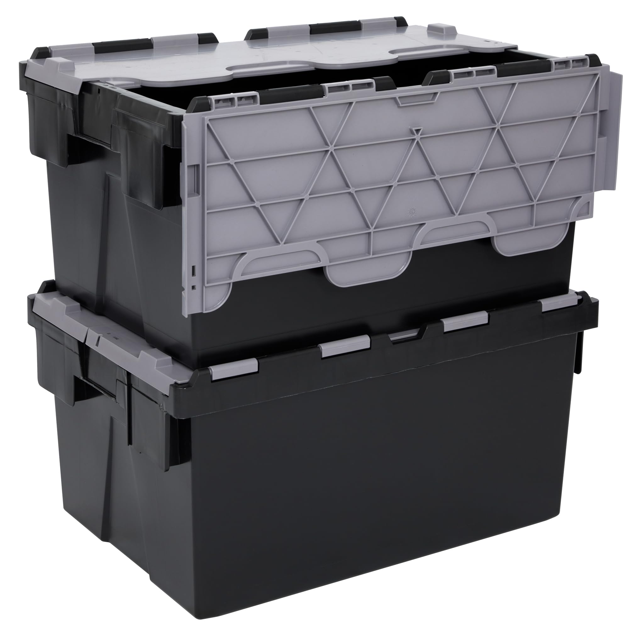 Plastor Pack of 2 - Plastic 55 Litre Heavy Duty Storage Box Tote Crates (60 x 40 x 30.6cm) Eco Black with Grey Attached Hinged Lids