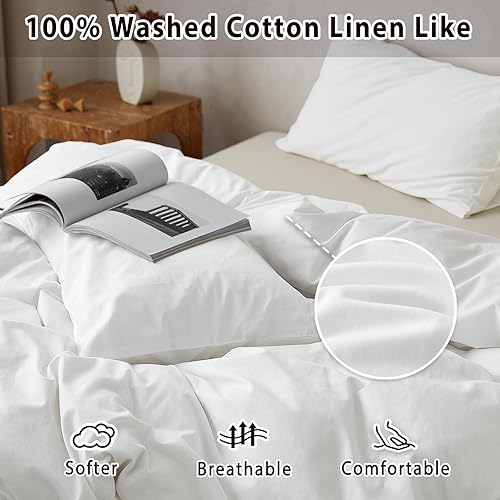 Miniatura 5 de TOCOMOA Juego de funda de edredón tamaño Queen, 100% algodón lavado con textura de lino, juego de ropa de cama de 3 piezas, color blanco roto, suave