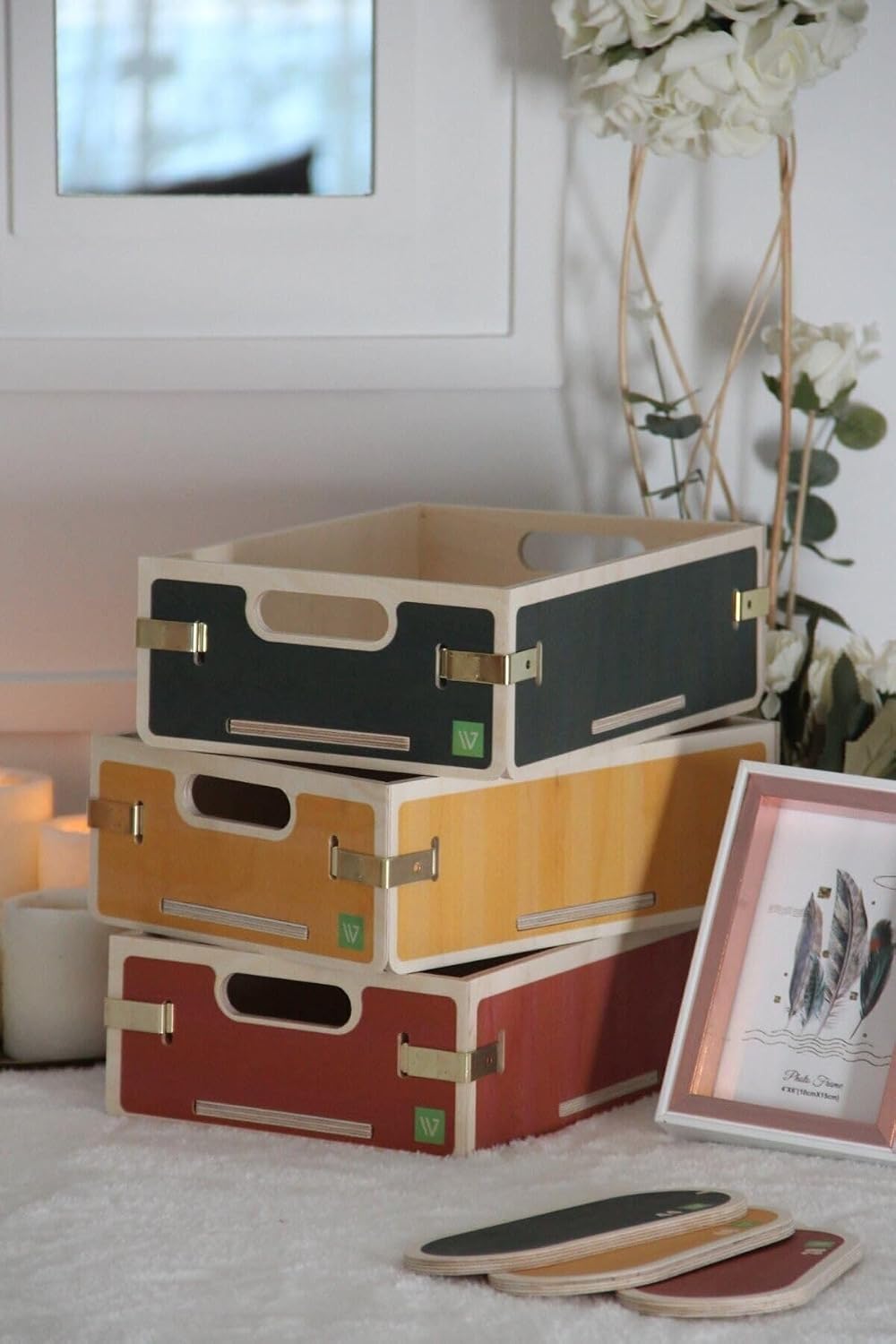 SODEF Set of 3 Rectangular Wooden Storage Baskets, Organizer Bins for Drawers and Shelves (27x19x8cm) - SARI - BORDO - MAVİ
