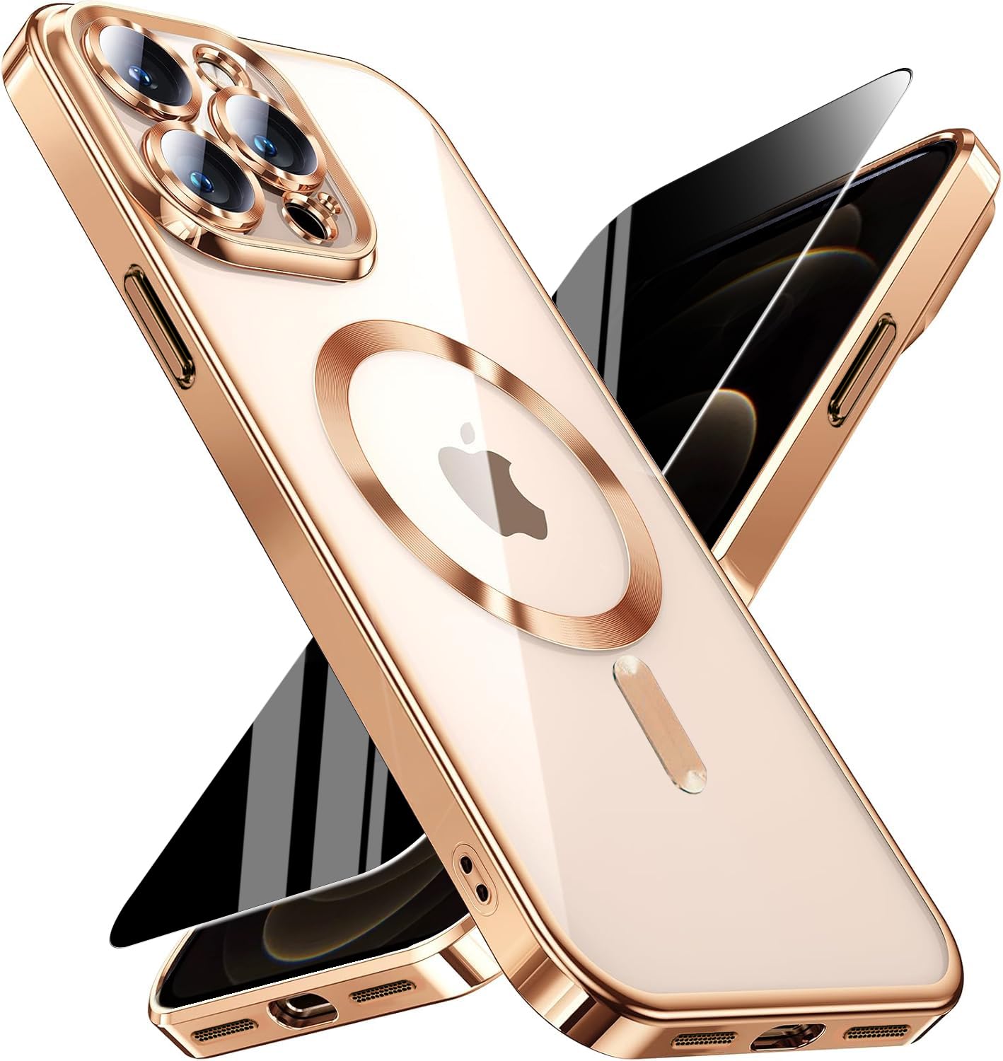 Magnetic for iPhone 12 Pro Max Case with Privacy Screen Protector &amp; Full Camera Cover,[Non-Yellowing] Plating Glossy Soft Shockproof Clear Phone Case with Women Girls for 12 ProMax,Gold