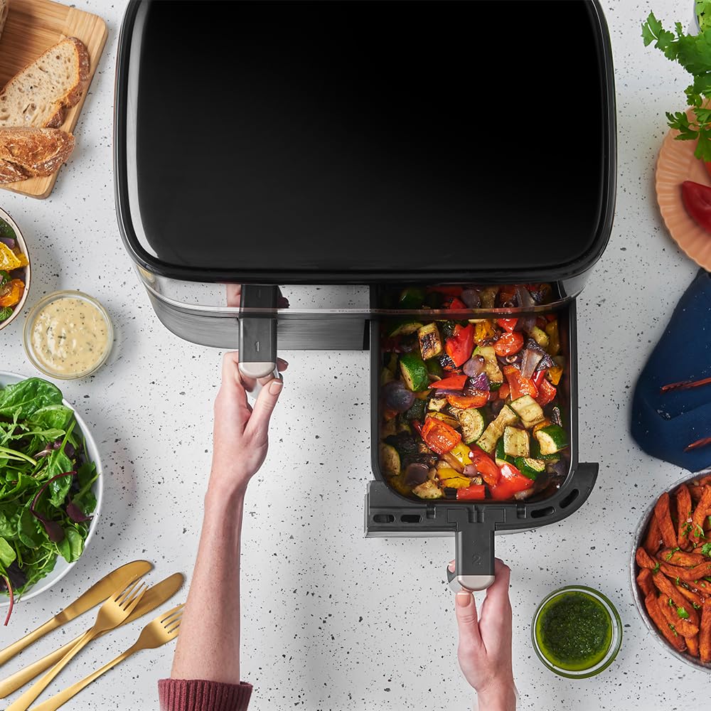 Russell Hobbs Air Fryer Rapid Air XXL (2 compartiments à 4,5 ou 9L total, Compact, silencieux, 9-en-1) Friteuse sans huile (économe, tactile,gril,rôtit et plus, pièces antiadhésives lavables) 27681-56