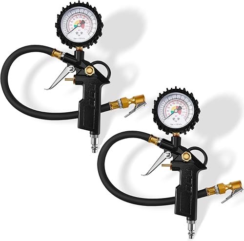 Tallew 2 unidades de inflador de neumáticos, deflador de presión de aire con manguera de goma, mandril de aire de 220 PSI, dial de 2.8 pulgadas y