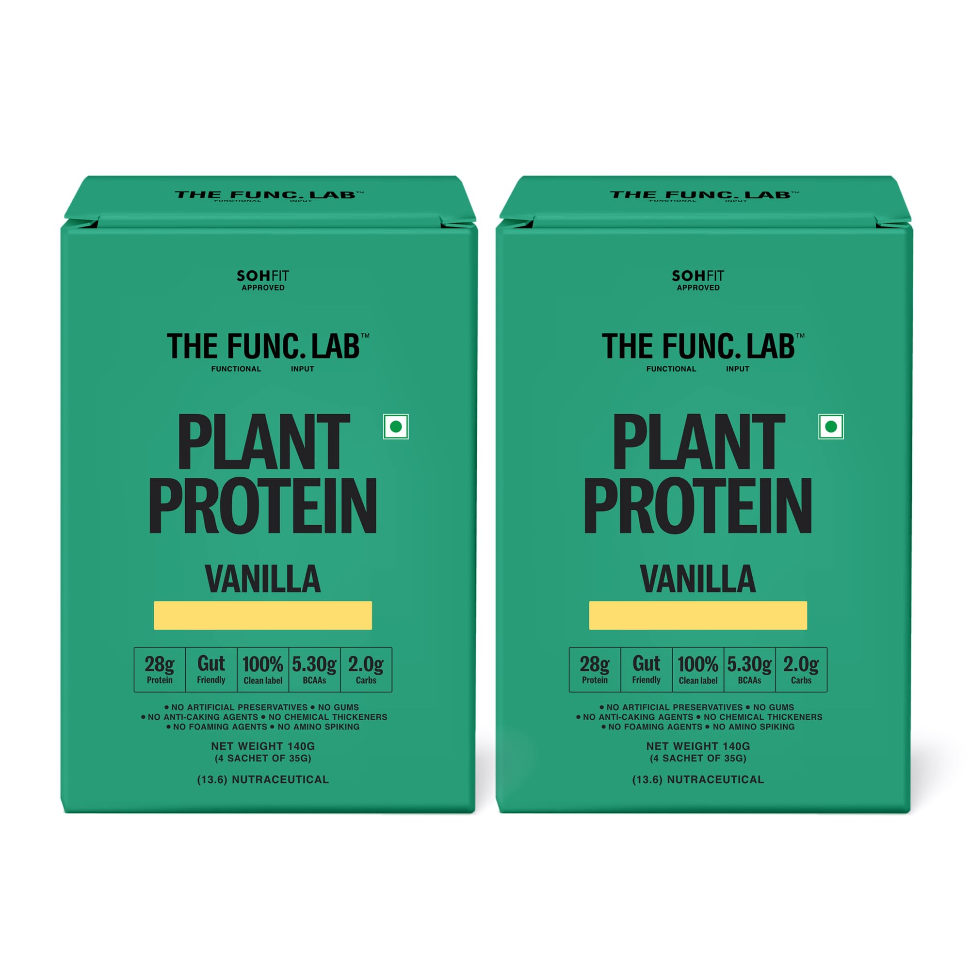 The Func. Lab Plant Protein - Vanilla Travel Packs | (4 * 35g Sachets) Pack of 2 | 28g Protein per Scoop | Pea and Rice Blend | Vegan, Sugar‑Free, 100% Clean Label, Gut Friendly, Vegetarian