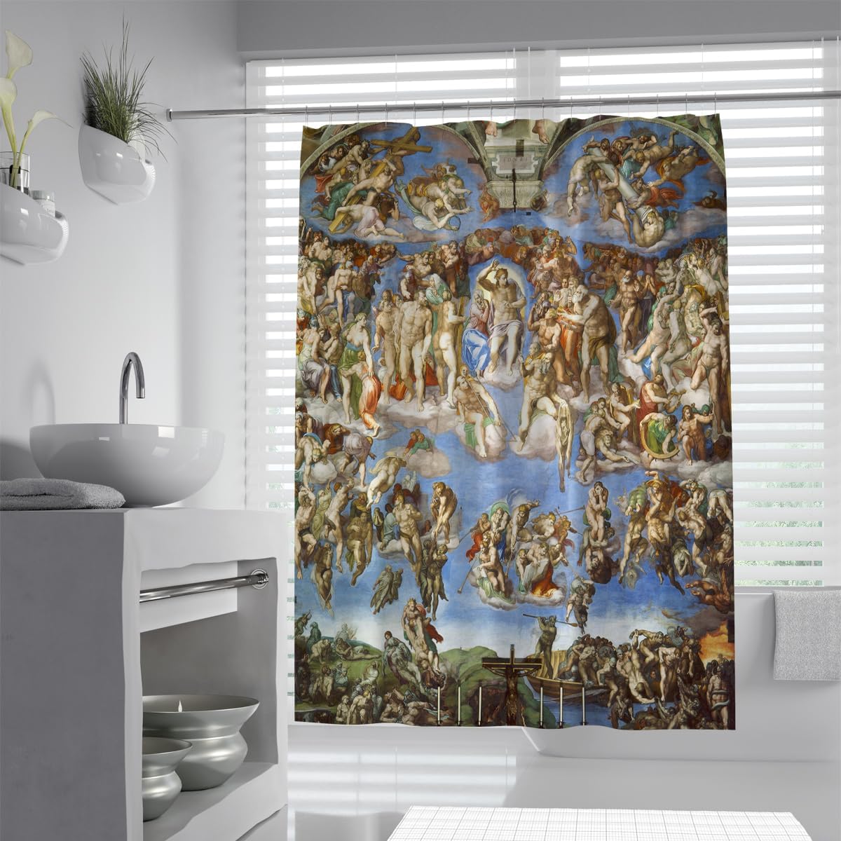 Vintage Art Fabric Shower Curtain 44x63 The Last Judgment by Michelangelo, Historical Figure Museum Masterpiece Bath Curtains with Plastic Hooks, Machine Washable Cloth