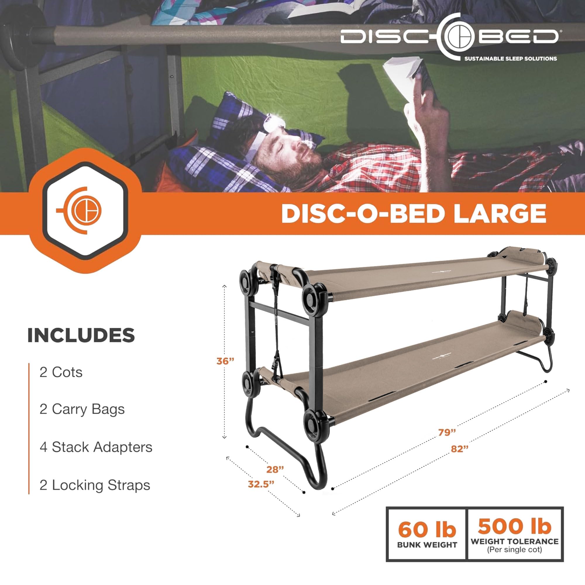 Disc-O-Bed Portable Cam-O-Bunk Bed, Large 2 Adult Sleeping Cot for Camping, Tan
