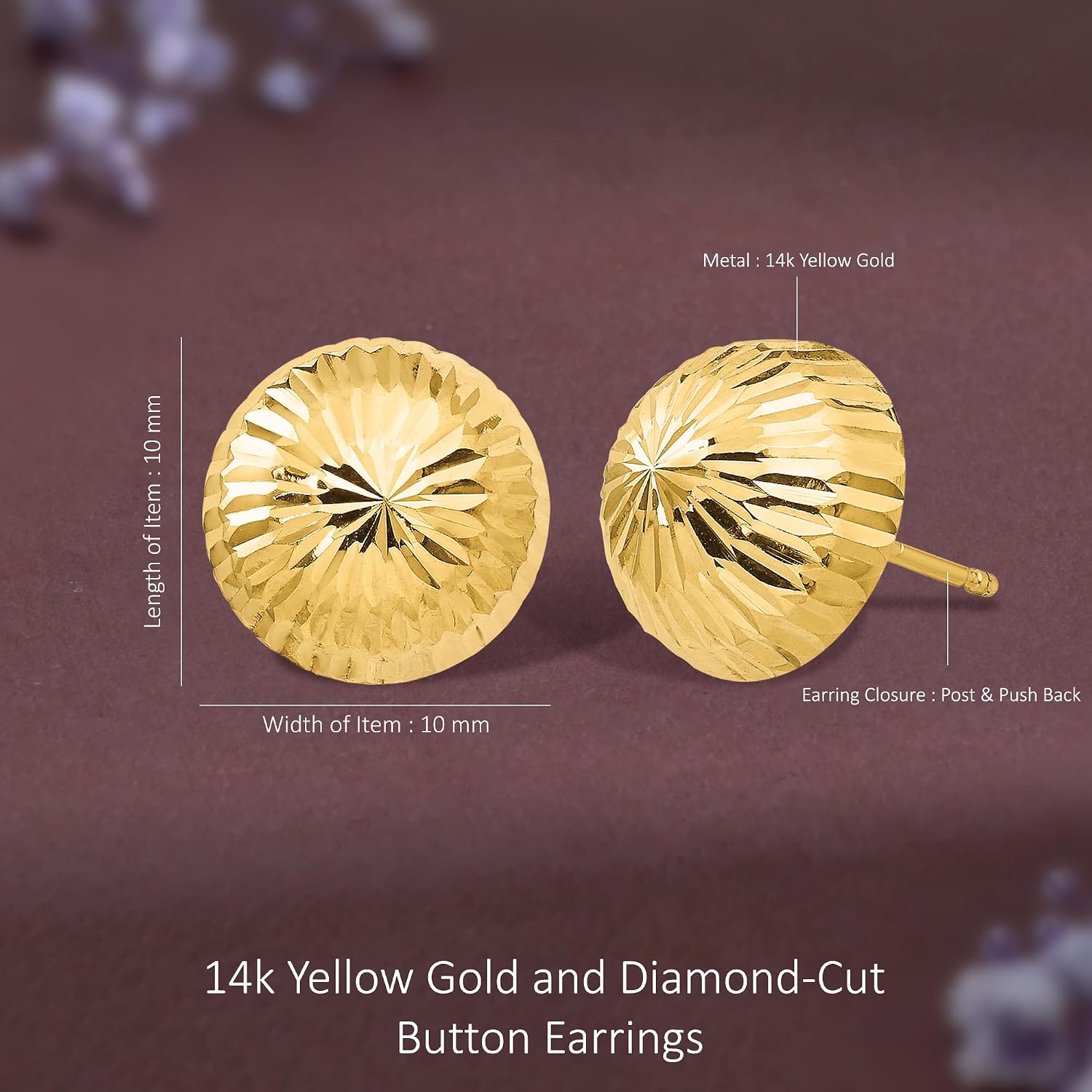 Diamond2Deal 14k Yellow Gold and Diamond-Cut Button Earrings (L- 0.39 in, W- 0.39 in)