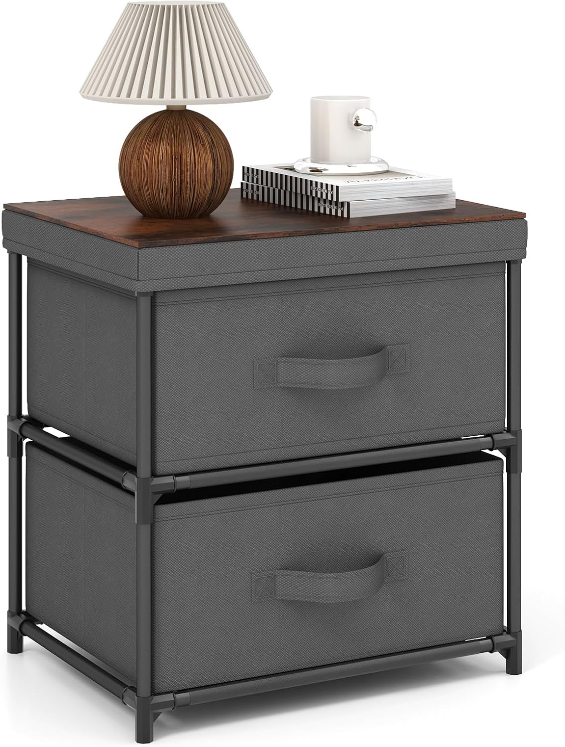 GOFLAME Fabric Dresser with 2 Drawers, Nightstand for Bedroom, Bedside Table with Removable Fabric Bins & Handles, Sofa Side Table, End Table for Living Room, Entryway, Grey & Rustic Brown