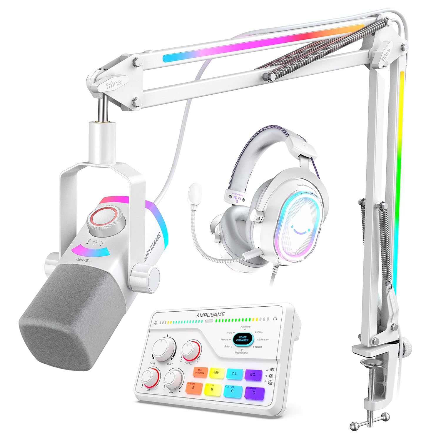 FIFINE Streaming Microphone with RGB Boom Arm Stand, Audio Mixer&Gaming Headset Kit, XLR/USB Mic with 3-in-1 Gain Knob, RGB Mixer with TV Compatible&7.1 Surround Sound Headset-AM8PROTW+SC8W+H13WP