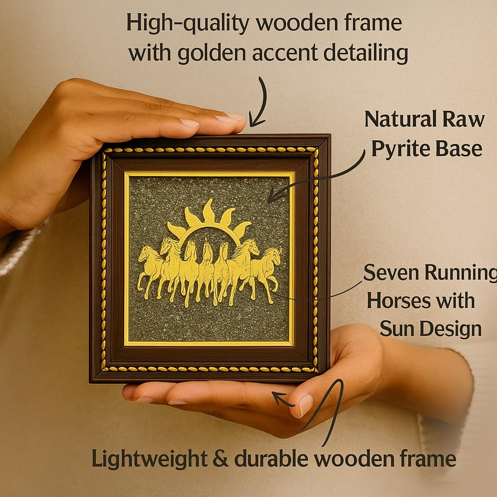 DIVINE BHARGAVI Pyrite Stone Frame with Vastu Seven Running Horses with Sun to Attract Money, Protection and Chakra Healing – Wooden Photo Frame Wall Decor Items for Living Room with Original Pyrite Dust for Money Success