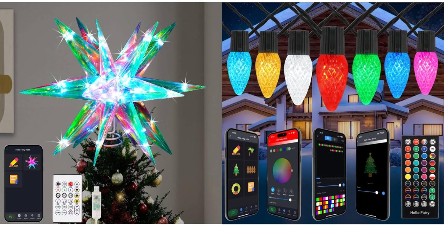 Crystal-Like 3D Polygonal Shell Christmas Star Tree Topper & Smart Christmas Outdoor Lights C9 66FT 100 LEDs