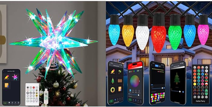 Crystal-Like 3D Polygonal Shell Christmas Star Tree Topper & Smart Christmas Outdoor Lights C9 66FT 100 LEDs