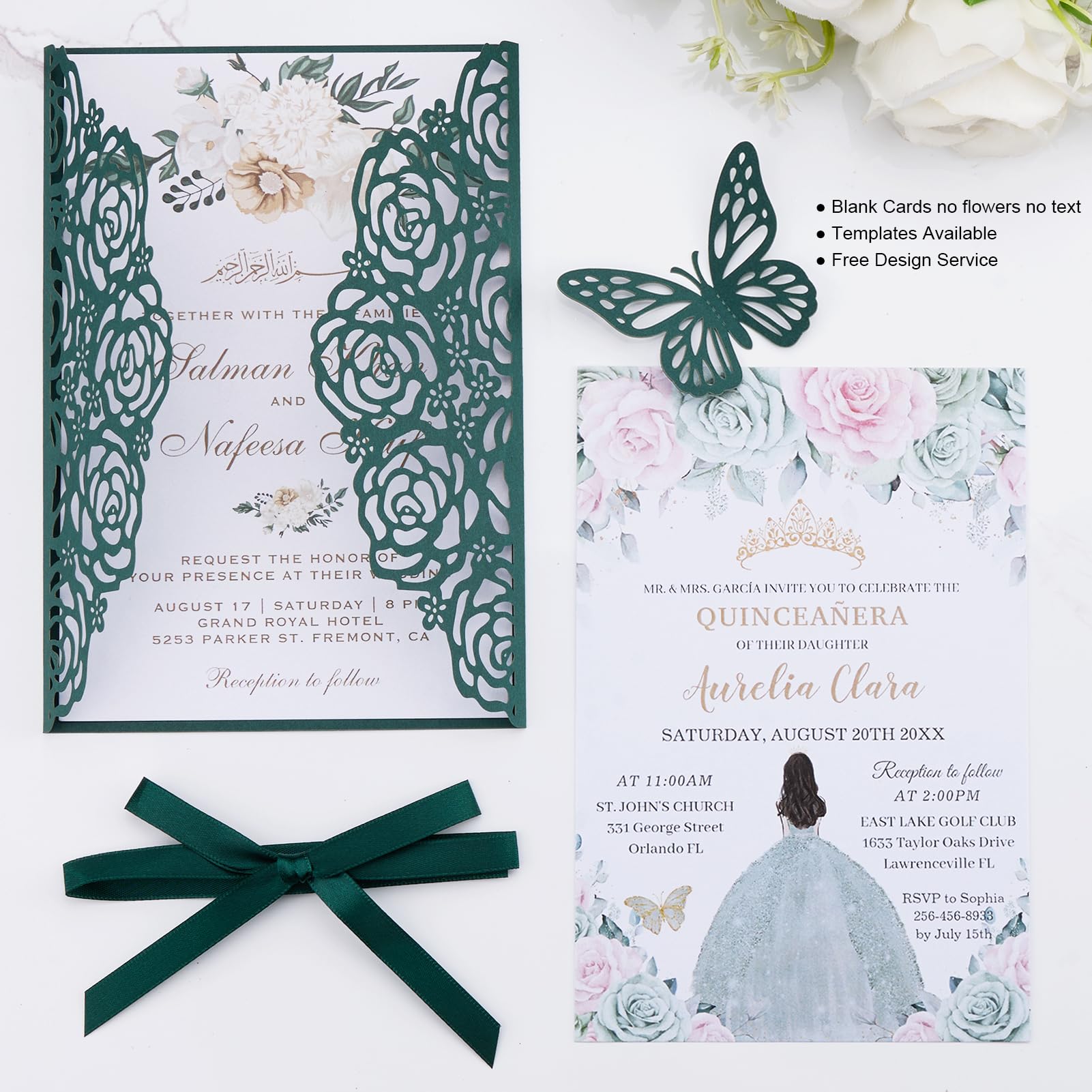 Smaragdgrüne Hochzeitseinladungen mit Umschlägen und RSVP-Karten, Blanko-Innenkarten, Bändern, für Hochzeit, Babyparty, Quinceañera-Party-Einladungen, 50 Sets