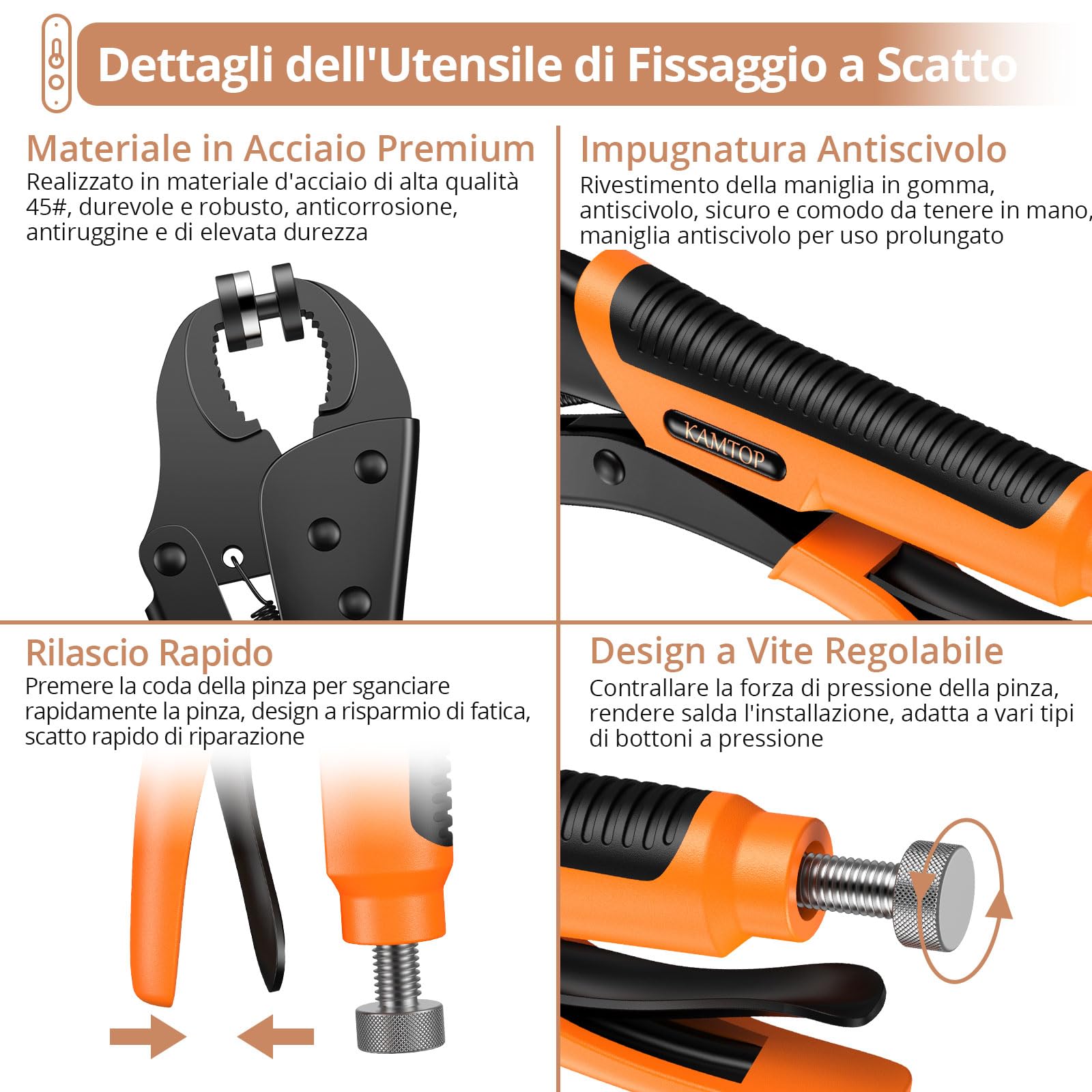 Kamtop Pinze per Bottoni a Pressione Set con 30 PZ Bottoni Automatici a Pressione in Metallo Senza Cucito Pressione con Pinze per Fai da Te Abiti Borse Jeans Vestiti Ecc