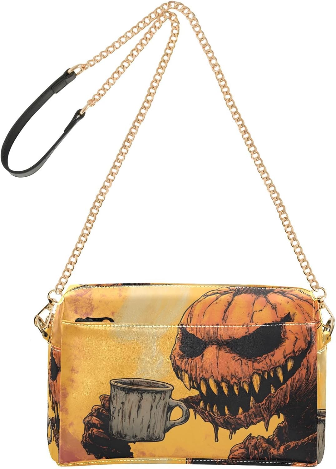 Women Crossbody Bag Shoulder Handbag Cellphone Purse PU Leather Metal Chain Strap Water Resistant Zipper Closure Pumpkin Monster Print