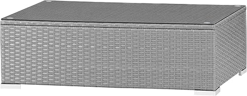 Betterland Mesas de café para exteriores, mesa de centro rectangular de mimbre para todo tipo de clima, con parte superior de vidrio templado para