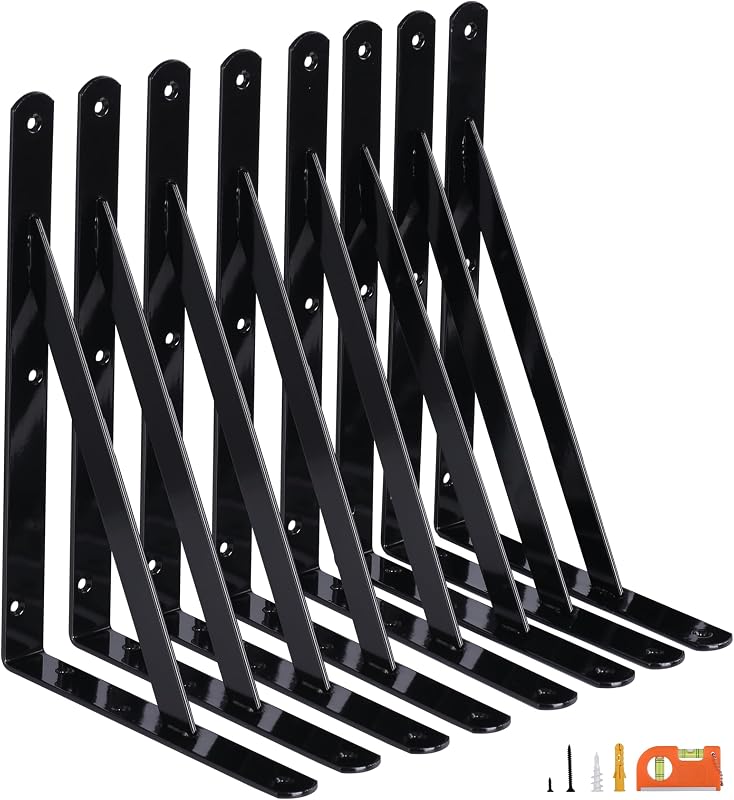 NEODROP 8-Pack 12 Inch Heavy Duty Shelf Brackets, Large Wall Bracket for Garage Kitchen Floating Shelves, Black Powder-Coated Steel