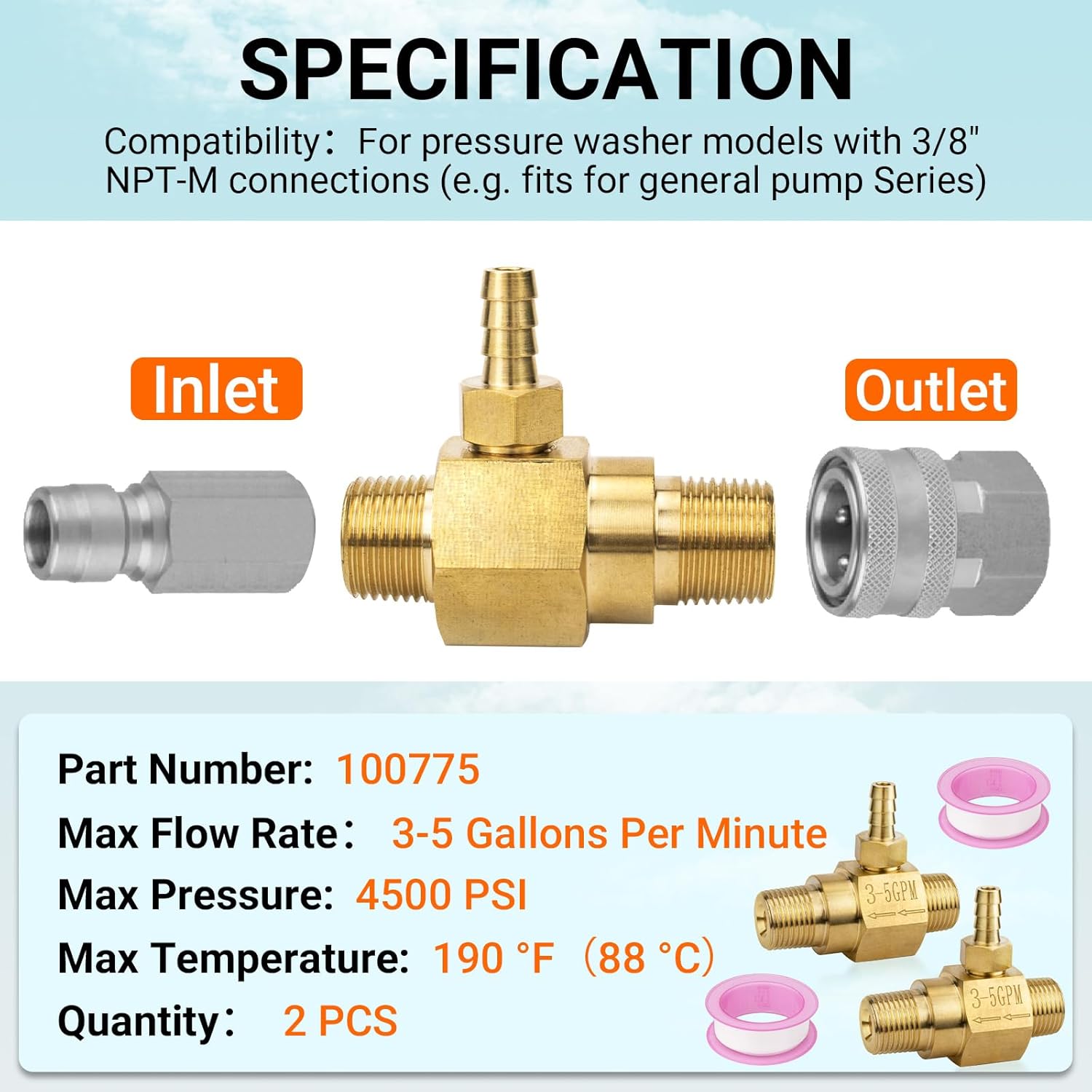 3-5 Gpm Chemical Injector 100775 for General Pump Pressure Washer, 2.1 mm Orifice Power Washer Downstream Injector, High Draw Soap Injector - 4500 PSI, 3/8" NPT-M Quick Connect (2 PCS)