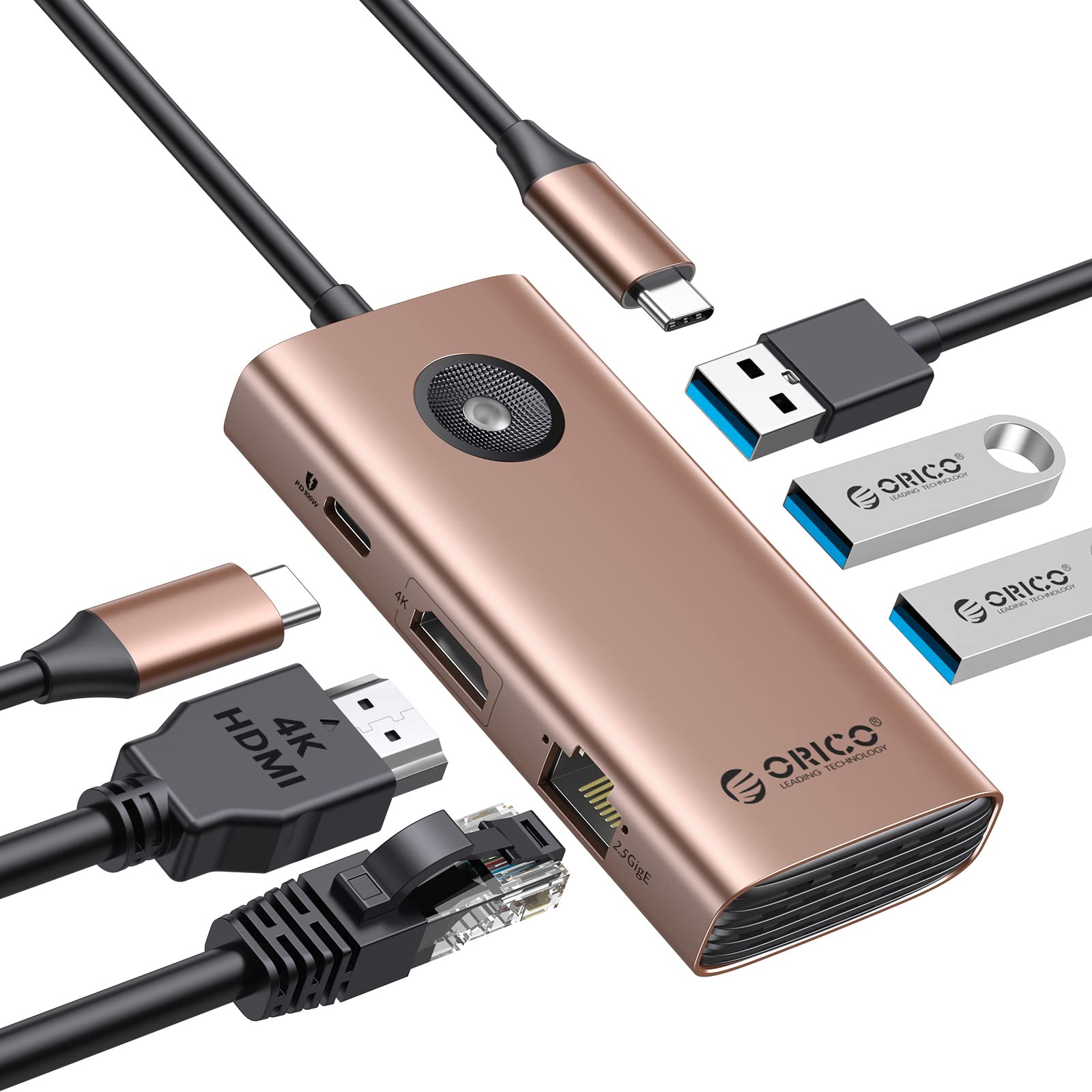 ORICO Docking Station, 6 in 1 USB C Dock con HDMI 4K, alimentazione 100W, Ethernet 2,5 Gigabit, adattatore multi-porta USB-A per MacBook Air, MacBook Pro, XPS e altro ancora Rose Gold