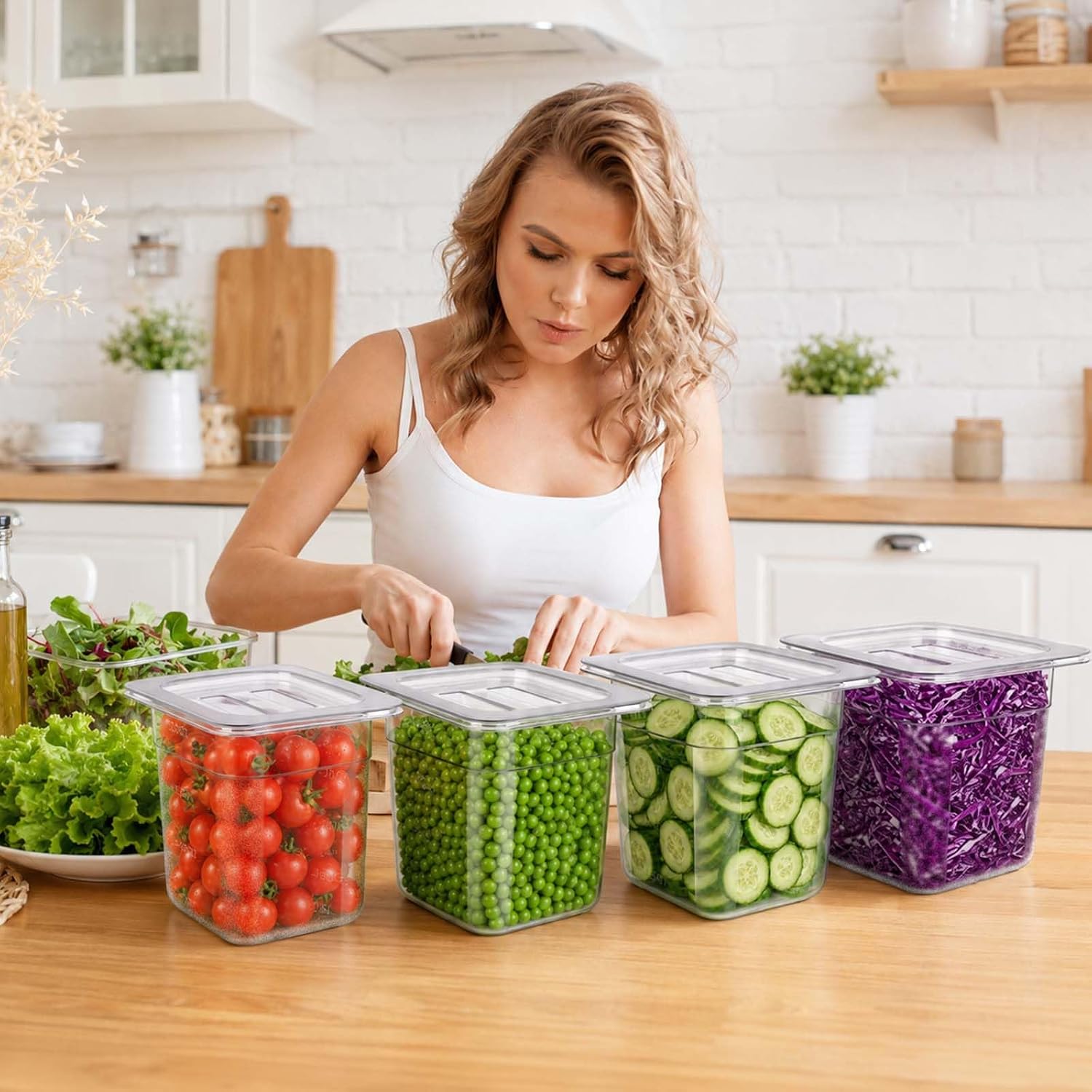 6 Pack 1/6 Size Clear Plastic Food Pans with Lids, 6 Inch Deep