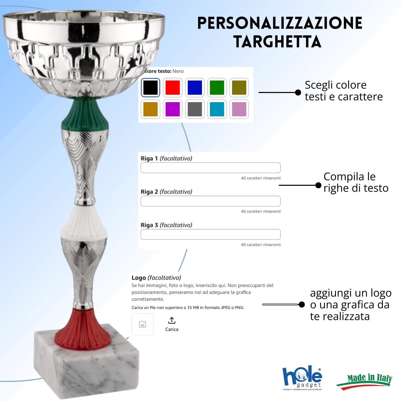 Coppa Trofeo Personalizzabile 37, 34, 30, 27, 24 cm Singolo o Set Tutti Gli Sport, Calcio, Calcettto, Tennis, Basket, Padel, Fantacalcio, Premiazioni cod 12.941