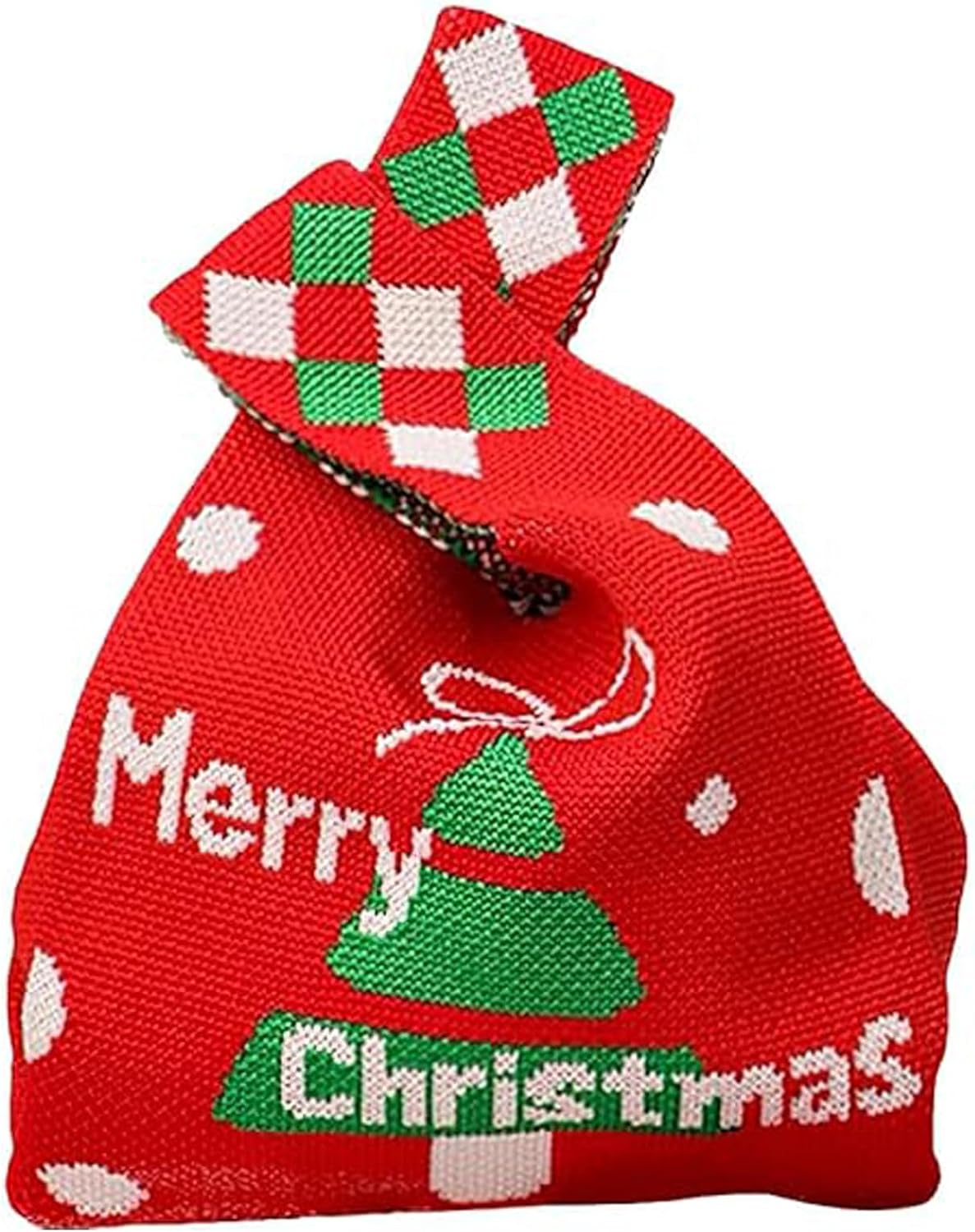Knitted Christmas Wristlet Bag - Small Crochet Tote Purse, Festive Xmas Gift Handbag with Adjustable Knot Handle