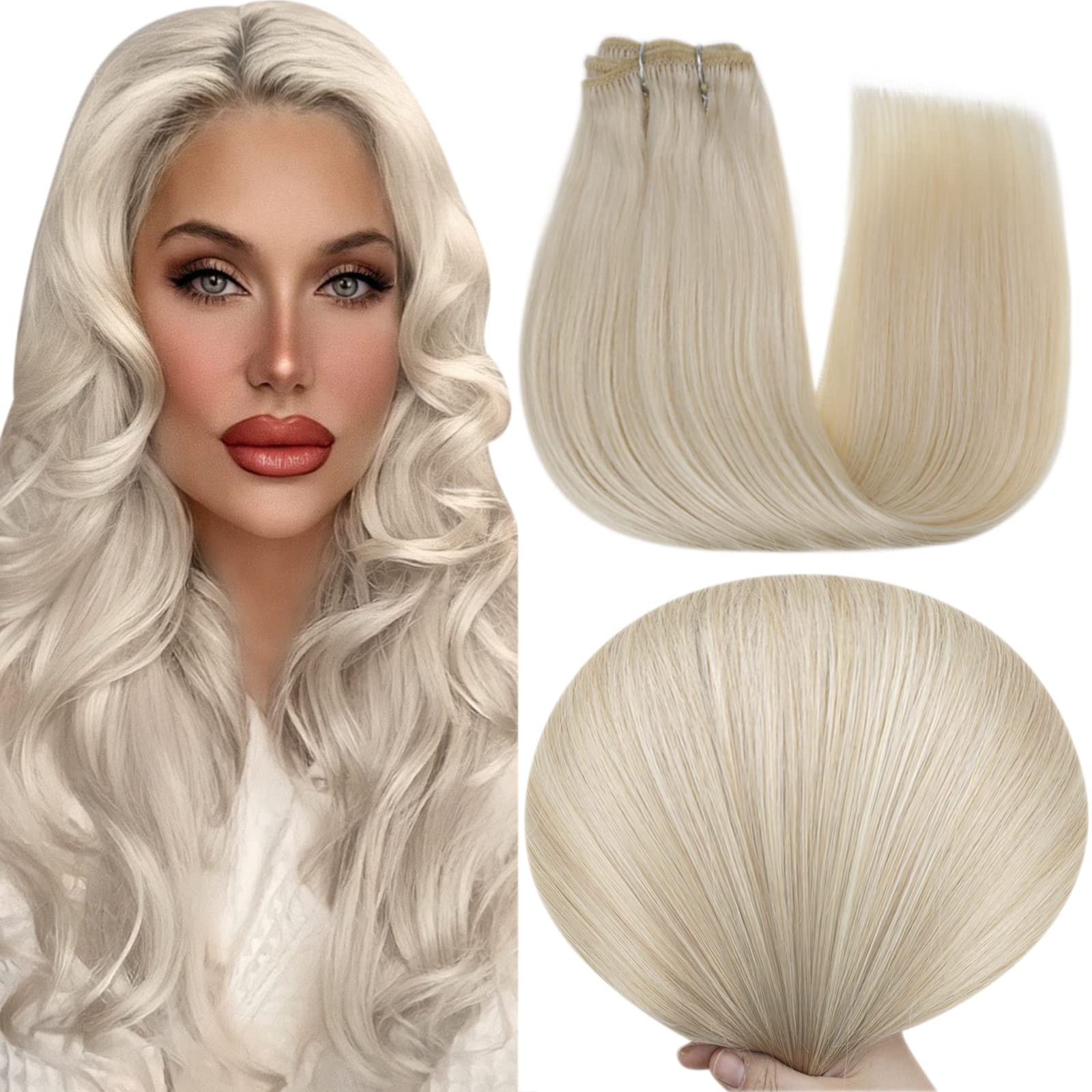 Fshine Extension Capelli Tessitura 100g 45CM Extension Matassa Capelli Veri Biondo Platino Capelli Lisci Extension Cucite Capelli Remy Bundles Hair Extension Brasiliani #60
