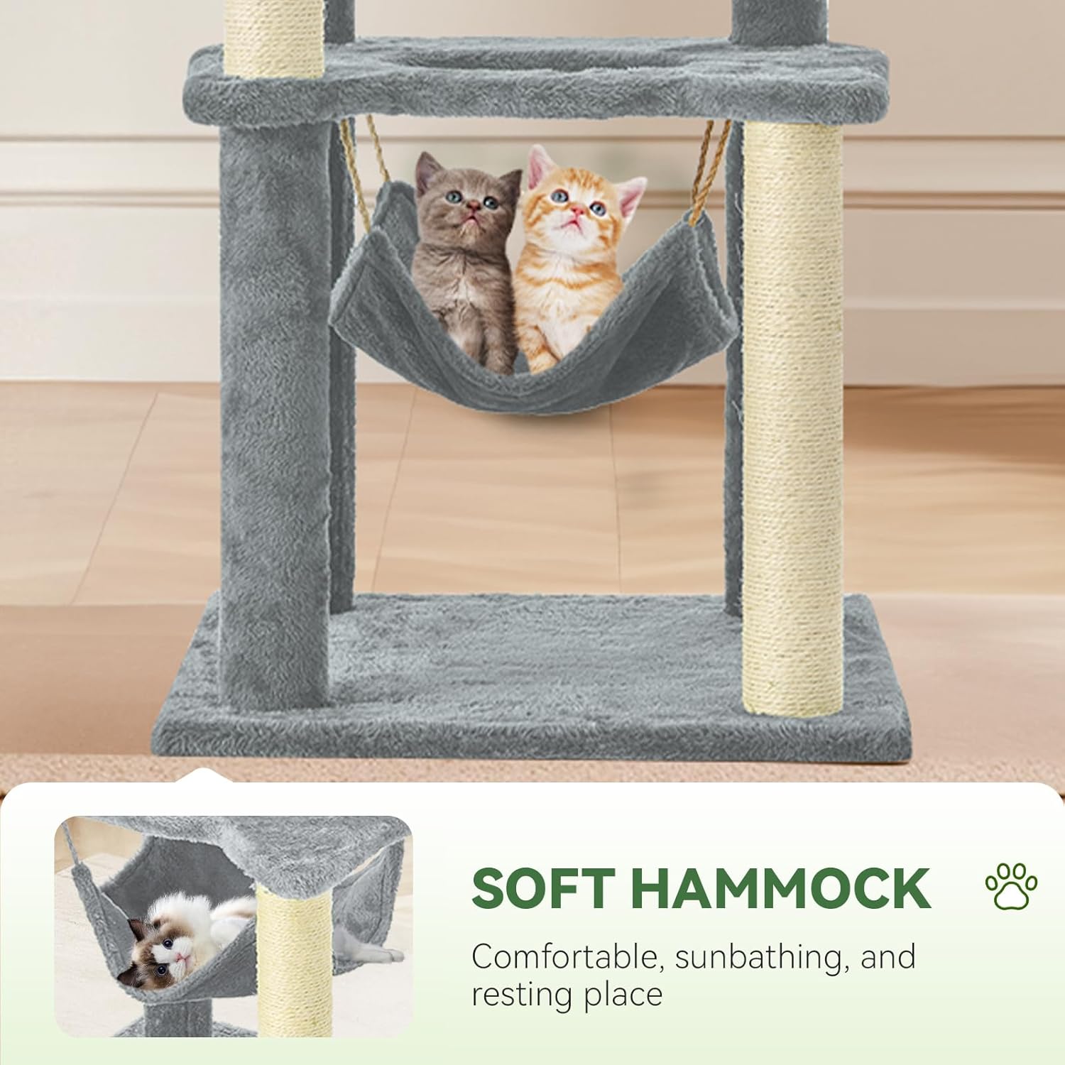 61-Inch Tall Cat Tree Tower with Scratching Post, Multi-Functional Cat Shaped Design Tower with Hammock, Scratcher, Pompoms, for Climbing, Lounging and Playing, Grey