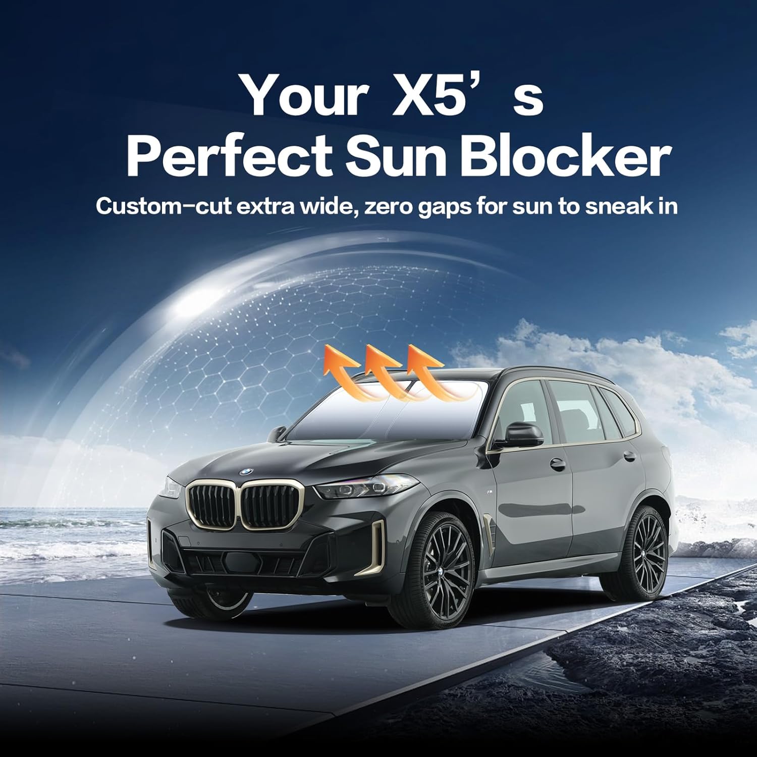 Windshield Sun Shade for Fit BMW X5 2019-2025 Foldable Sunshade with Titanium Silver & Ice Blue Layer, UPF50+ Car Window Shade​