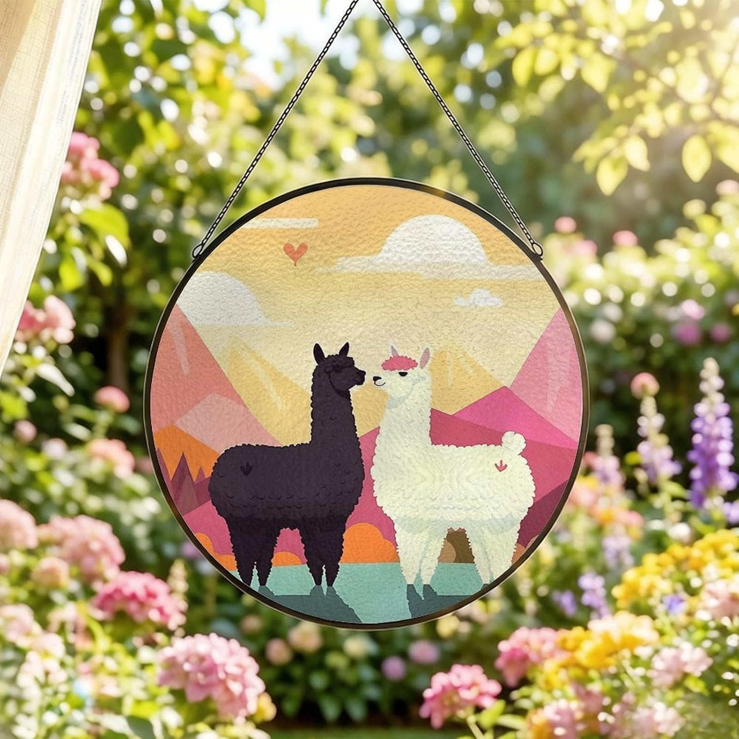 Alpacas in Love in The Mountains Stained Glass Suncatcher Window Hanging image 2